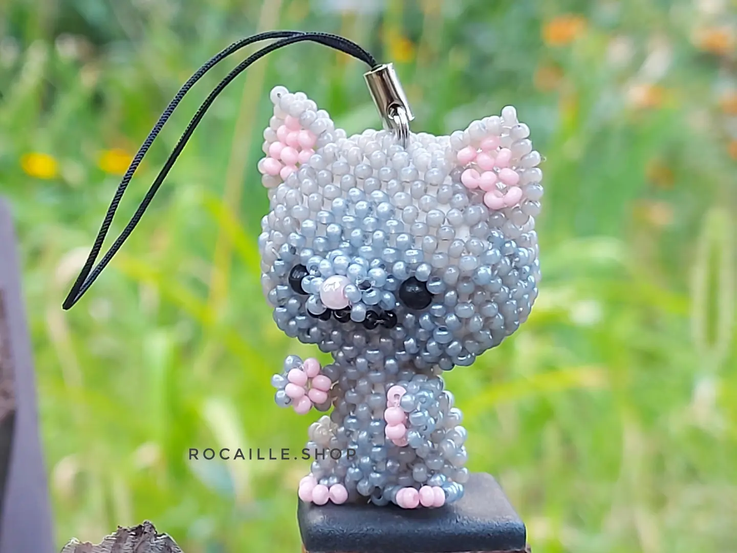 Grey Cat made of beads front view