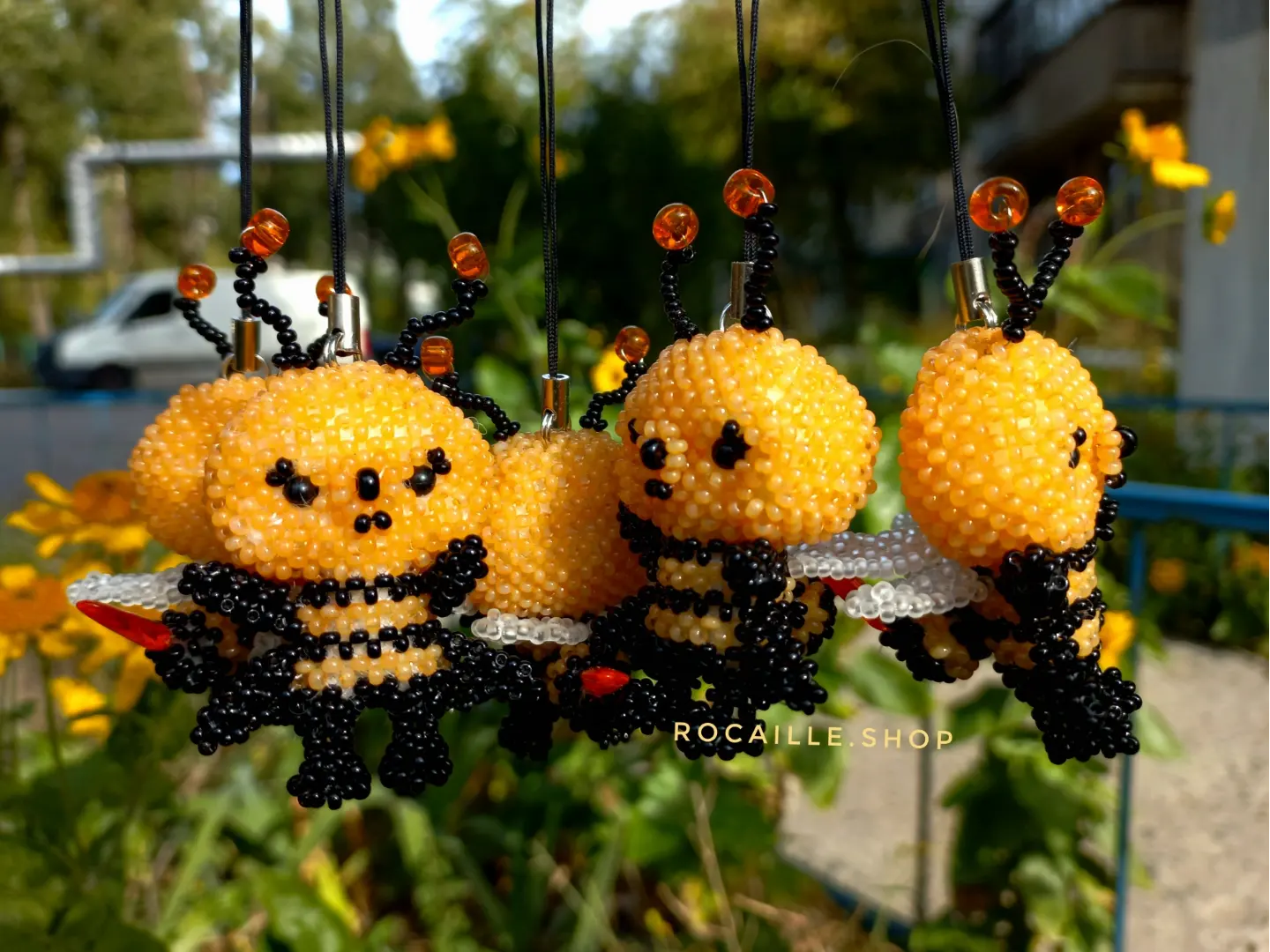 Bees made of beads outside